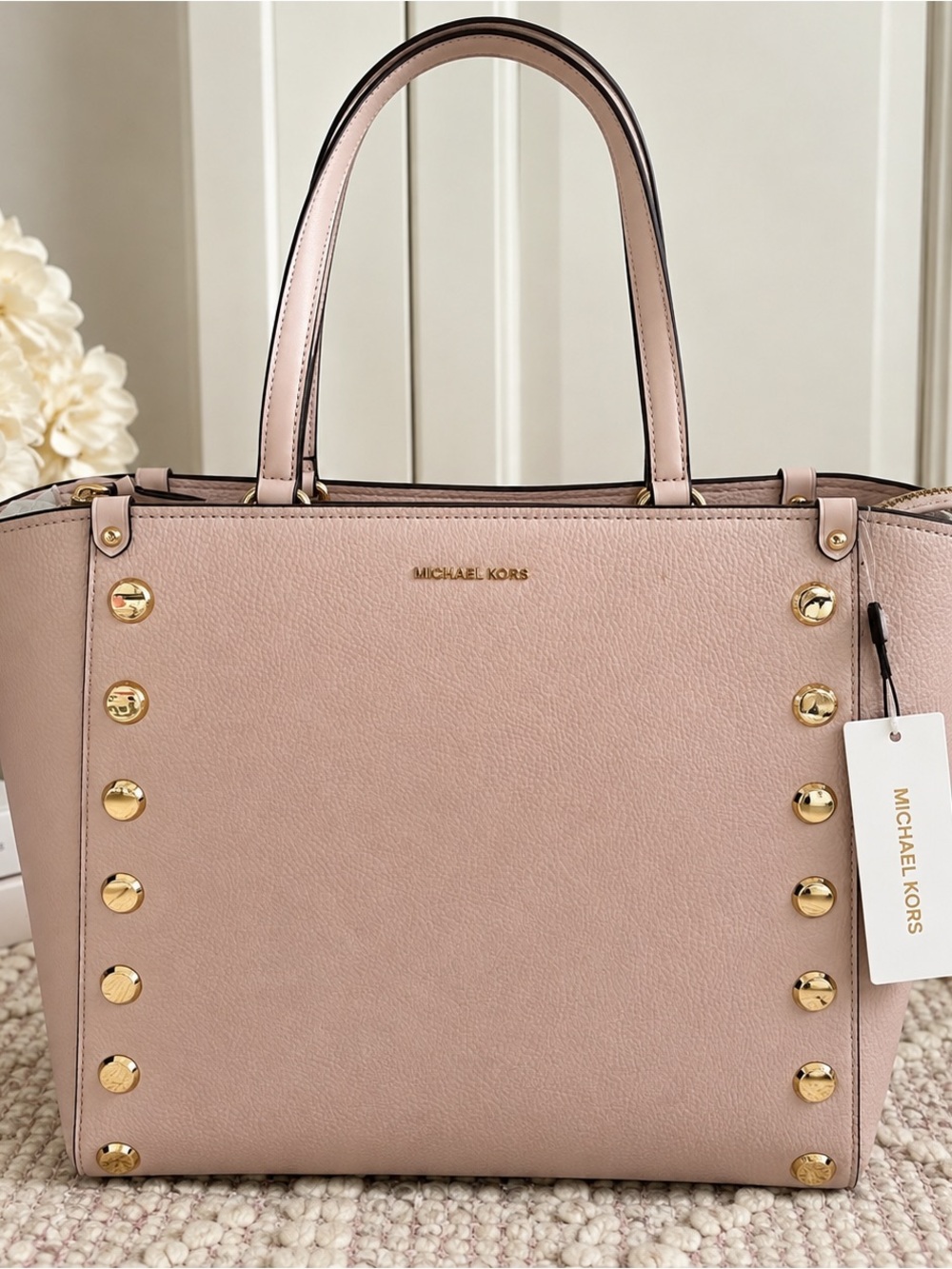 NWT Michael Kors Holly Large Soft Pink Gold Studded Grab Tote $398